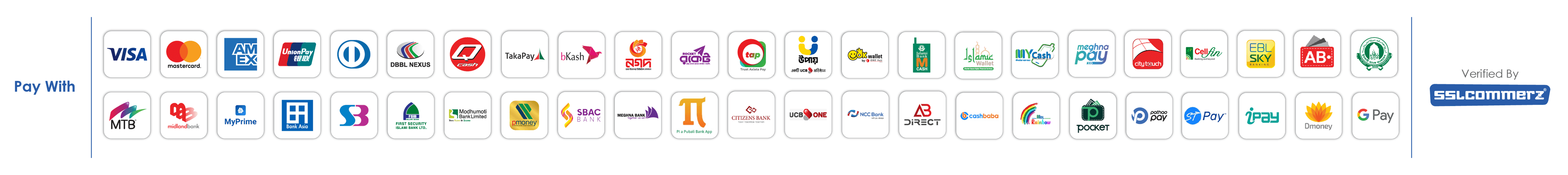 Payment networks supported by SSLCOMMERZ; available methods are shown at checkout